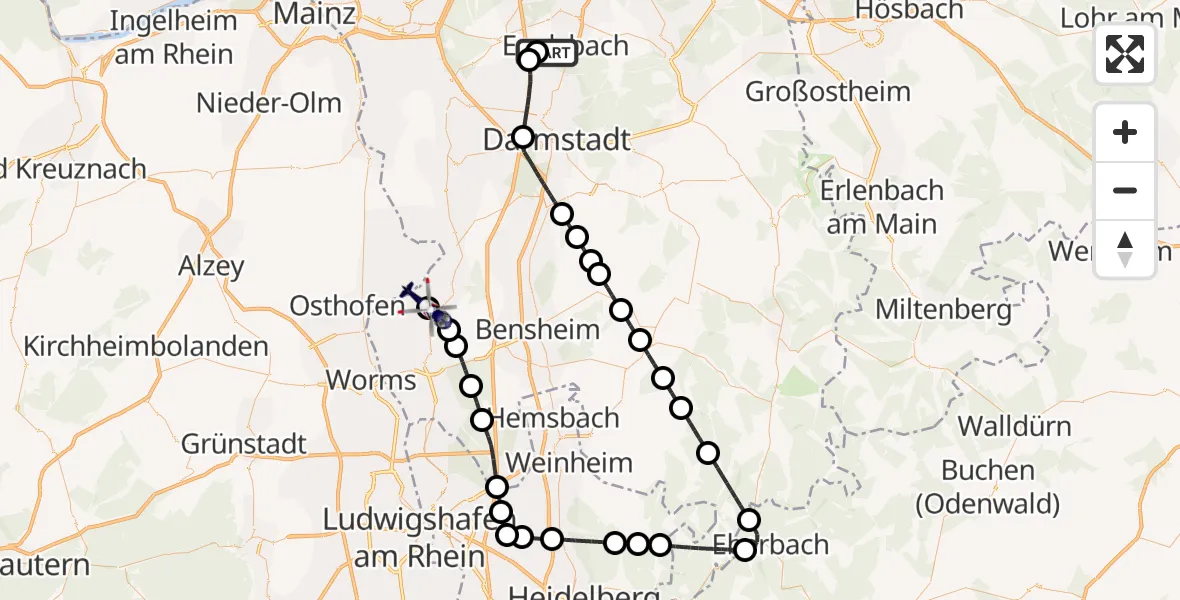 Flugroute Polizeihubschrauber Flughafen Frankfurt-Egelsbach - Groß-Rohrheim, 18 Juni 2026, 08:23