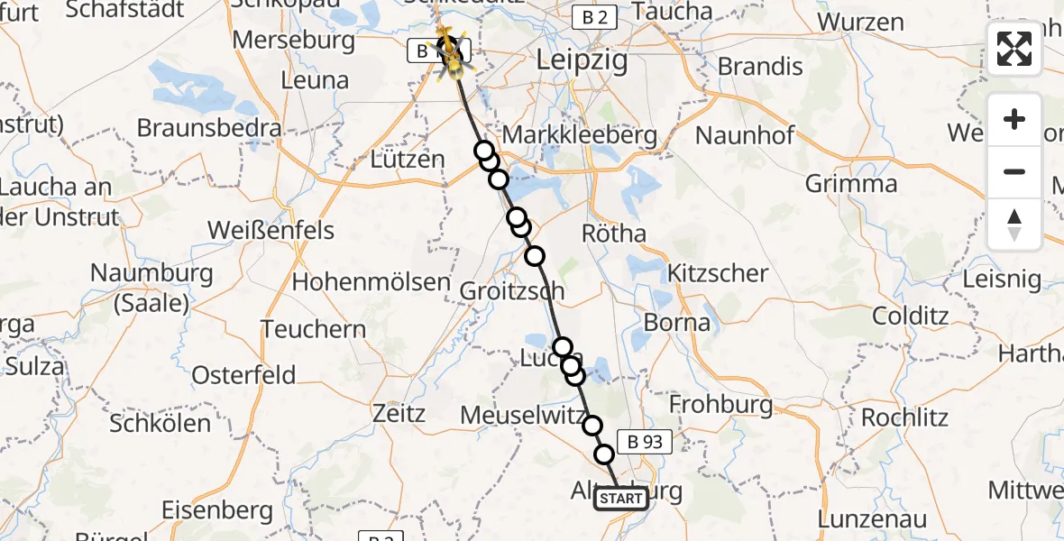 Flugroute Rettungshubschrauber Altenburg - Schkeuditz, 18 Juni 2026, 08:27