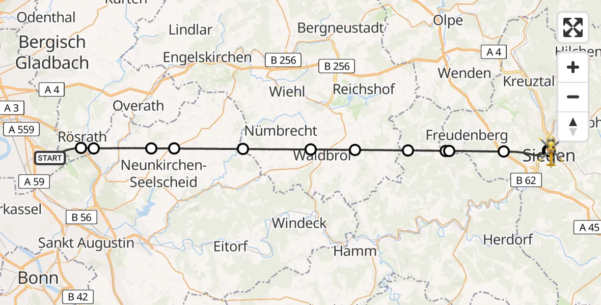 Flugroute Rettungshubschrauber Köln Bonn Flughafen - Marien Hospital Siegen, 18 Juni 2026, 08:31