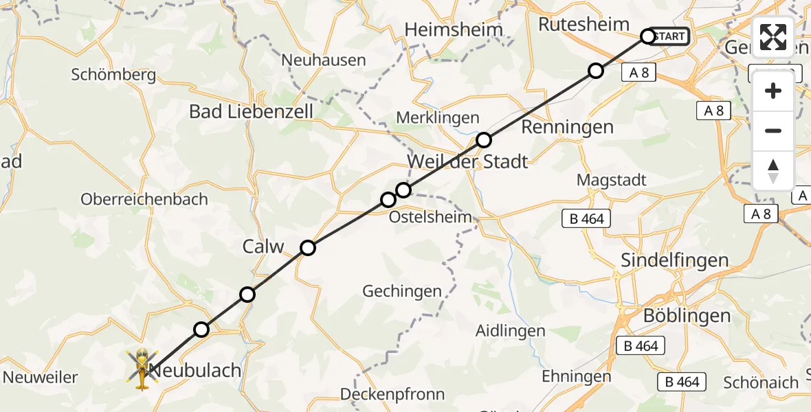 Flugroute Rettungshubschrauber Leonberg Hospital - Neubulach, 18 Juni 2026, 08:37