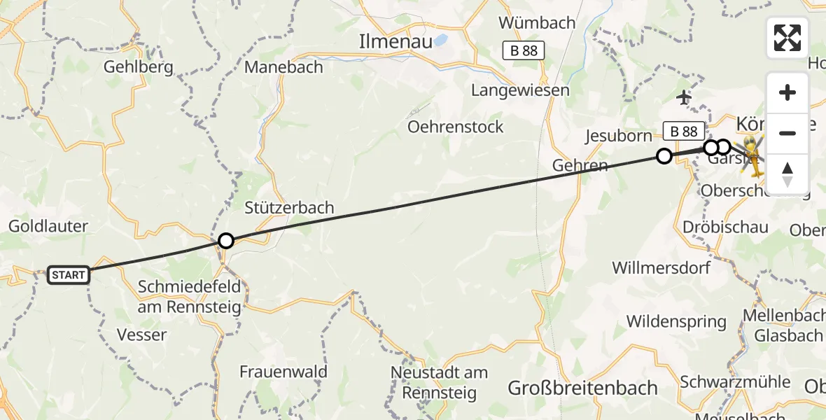 Flugroute Rettungshubschrauber Suhl - Königsee, 18 Juni 2026, 08:38