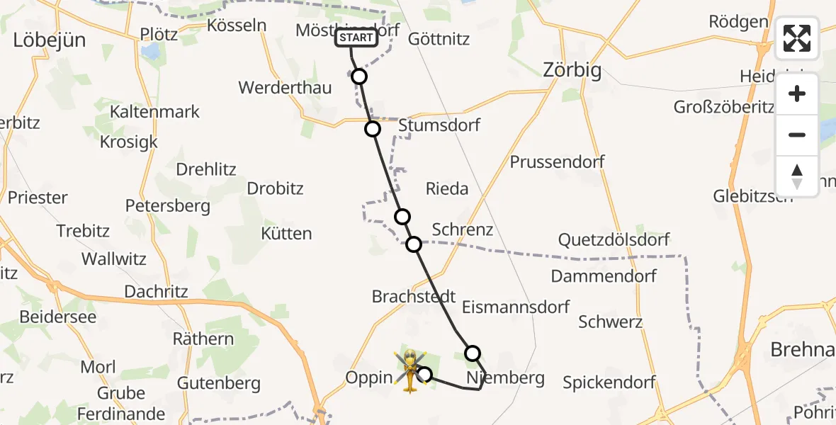 Flugroute Rettungshubschrauber Petersberg - Halle-Oppin Flugplatz, 18 Juni 2026, 08:42