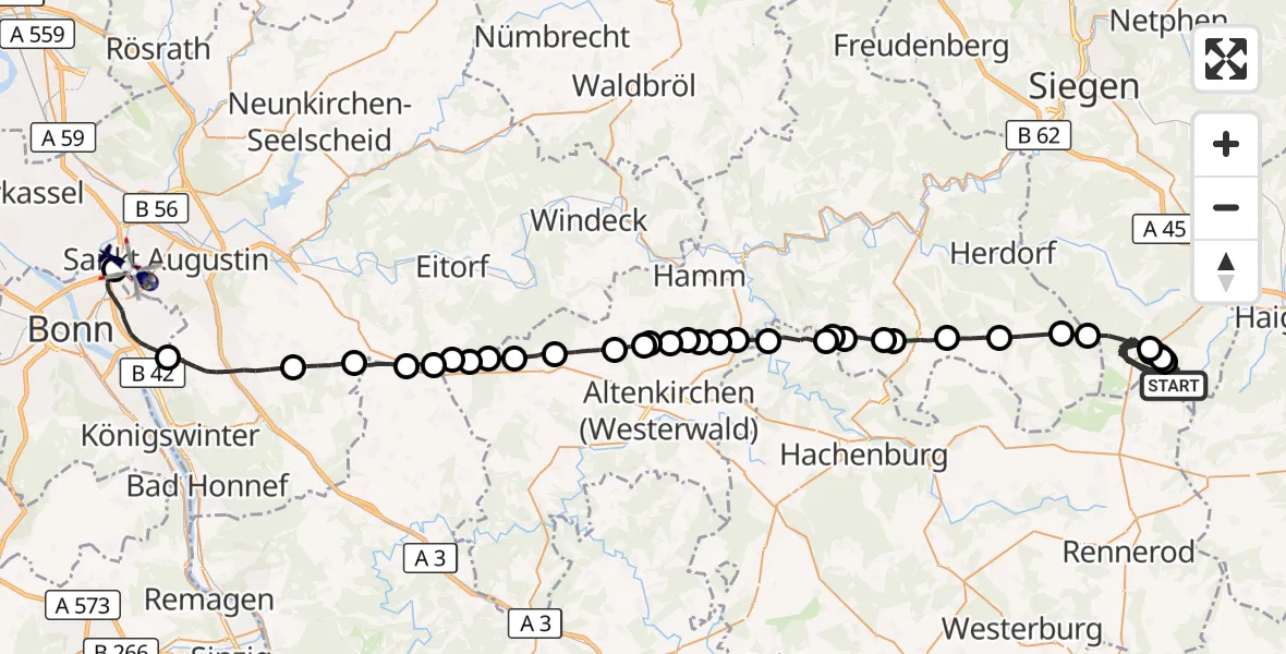Flugroute Polizeihubschrauber Burbach - Sankt Augustin, 18 Juni 2026, 08:43