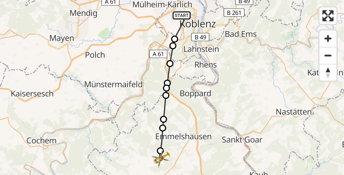 Flugroute Rettungshubschrauber Koblenz - Beltheim, 18 Juni 2026, 08:46