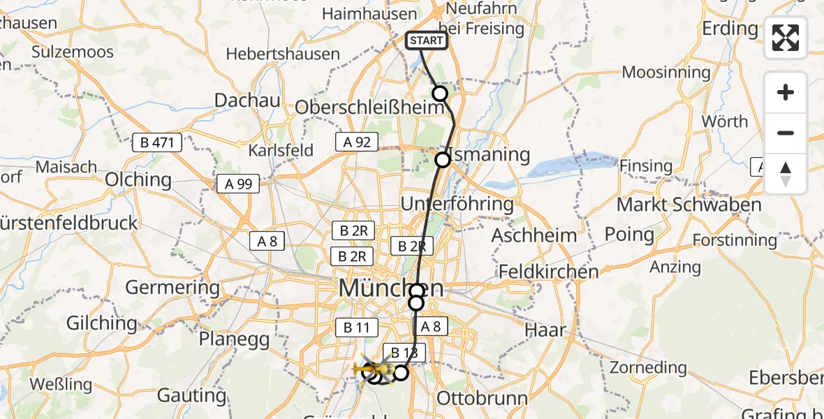 Flugroute Rettungshubschrauber Eching - ADAC Air Rescue Center Hubschrauberlandeplatz (Christoph 1), 18 Juni 2026, 08:49