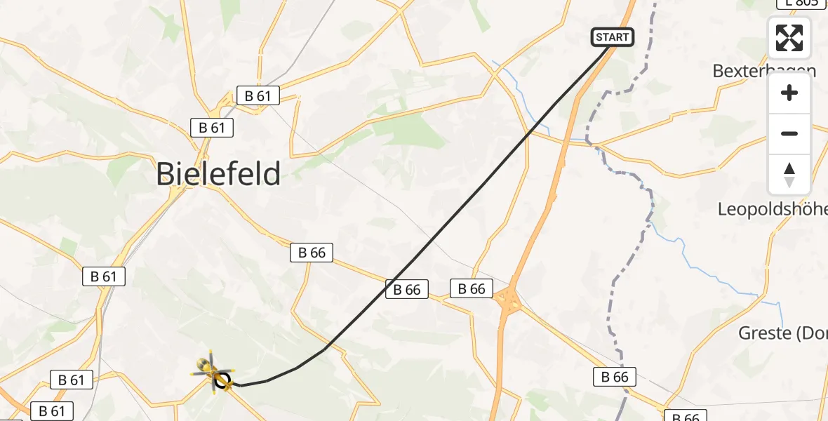 Flugroute Rettungshubschrauber Bielefeld - Luftrettungszentrum Bielefeld, 18 Juni 2026, 08:49