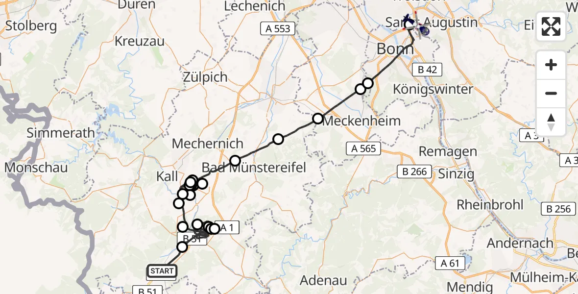 Flugroute Polizeihubschrauber Dahlem - Sankt Augustin, 18 Juni 2026, 08:51