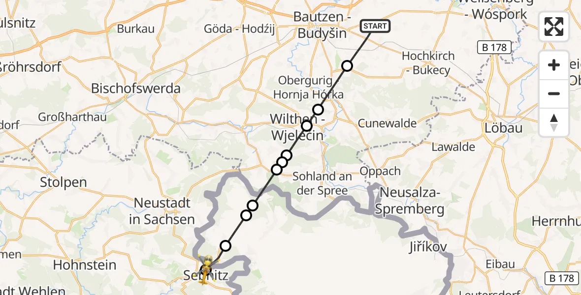Flugroute Rettungshubschrauber Kubschütz - Sebnitz, 18 Juni 2026, 08:55