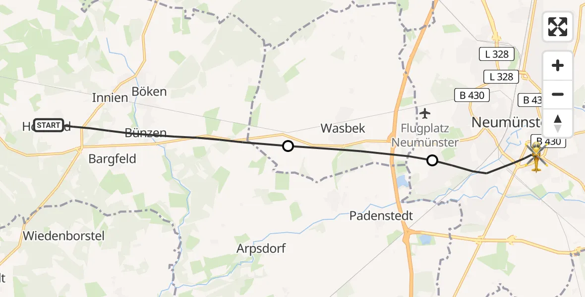Flugroute Rettungshubschrauber Aukrug - Neumünster, 18 Juni 2026, 08:57