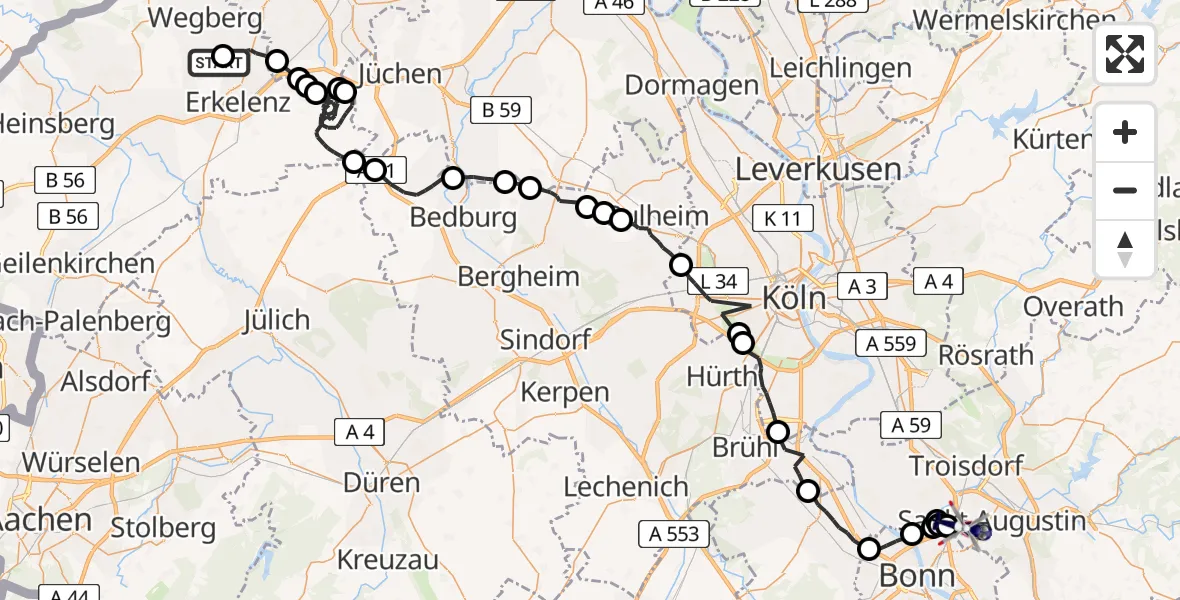 Flugroute Polizeihubschrauber Erkelenz - Sankt Augustin, 18 Juni 2026, 08:58