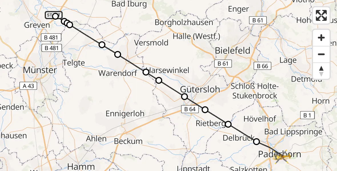 Flugroute Ambulanzhubschrauber Christoph  Westfalen-ADAC - Paderborn, 18 Juni 2026, 08:59