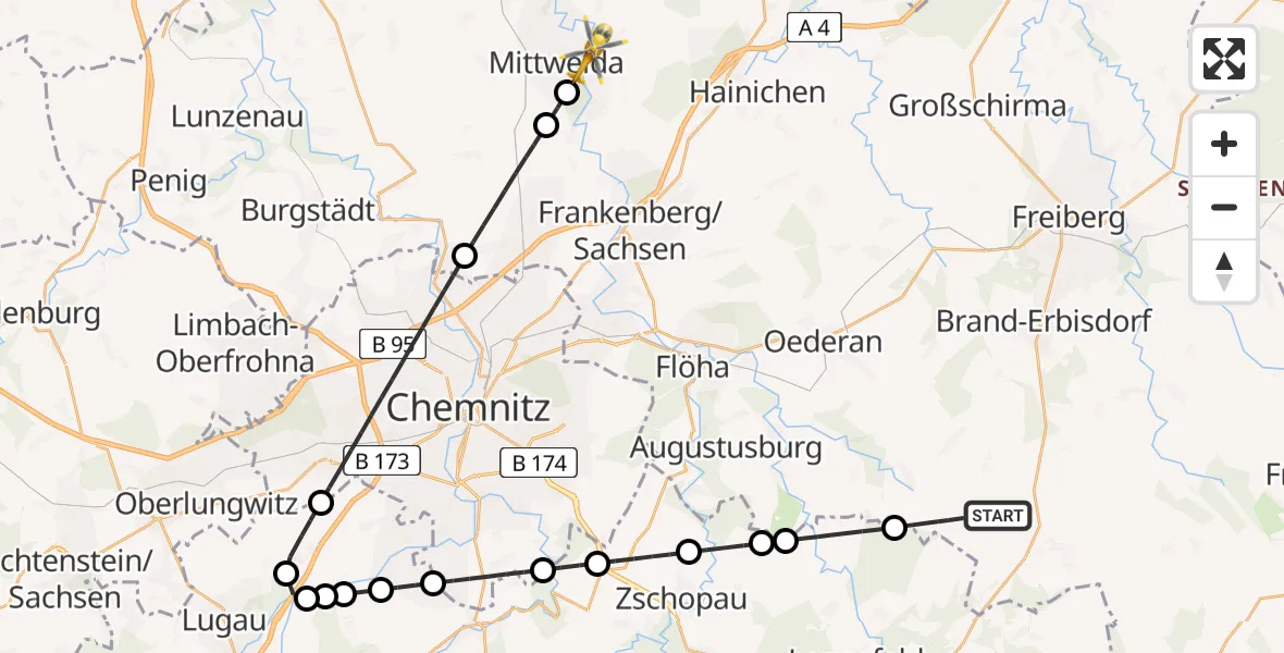 Flugroute Rettungshubschrauber Eppendorf - Mittweida, 18 Juni 2026, 09:01