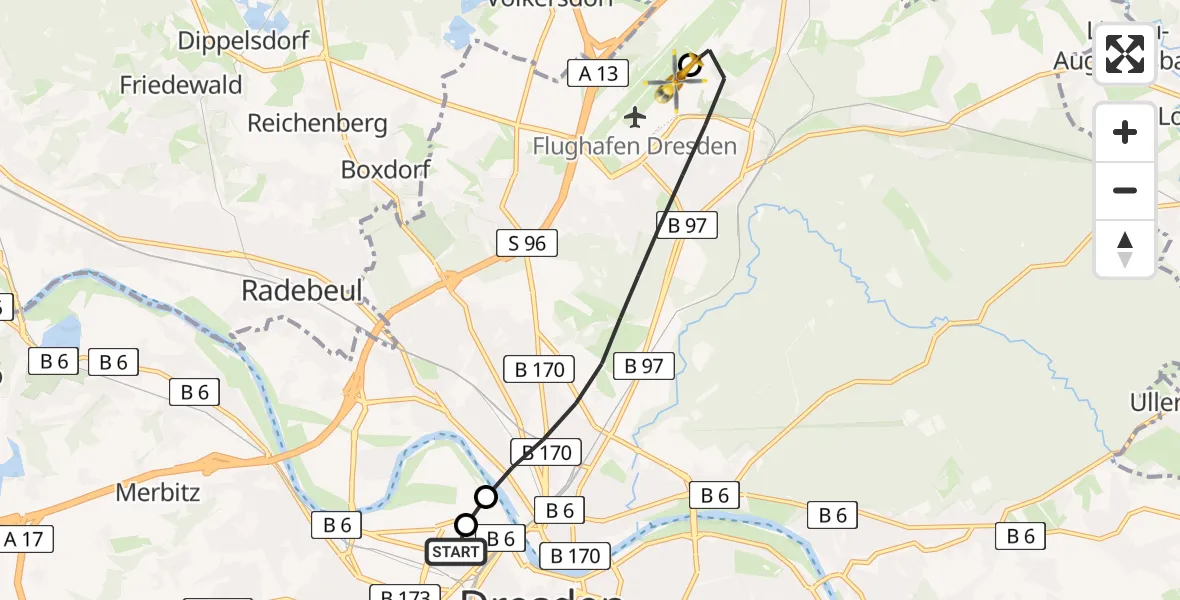 Flugroute Rettungshubschrauber Dresden Friedrichstadt Hospital - Dresden Bundespolizei Hubschrauberlandeplatz, 18 Juni 2026, 09:06