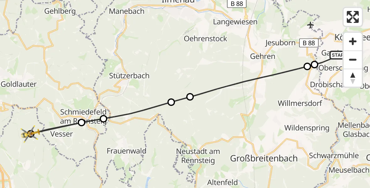 Flugroute Rettungshubschrauber Königsee - Schleusingen, 18 Juni 2026, 09:15