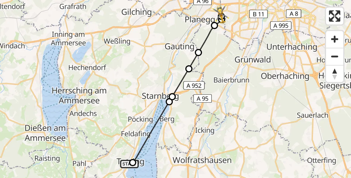 Flugroute Rettungshubschrauber Benedictus Hospital - DRF Air Rescue München Hubschrauberlandeplatz, 18 Juni 2026, 09:15
