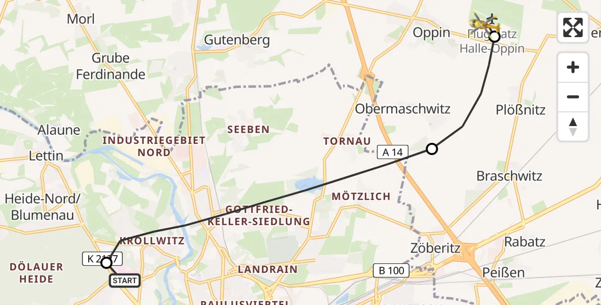 Flugroute Rettungshubschrauber Halle (Saale) University Hospital - Halle-Oppin Flugplatz, 18 Juni 2026, 09:16