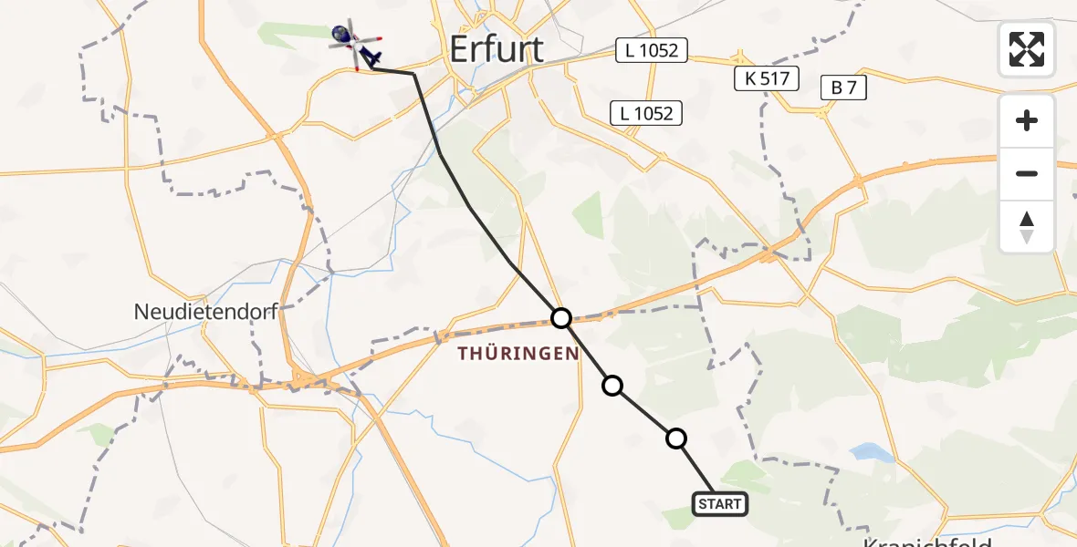 Flugroute Polizeihubschrauber Osthausen-Wülfershausen - Erfurt-Weimar Flughafen, 18 Juni 2026, 09:23