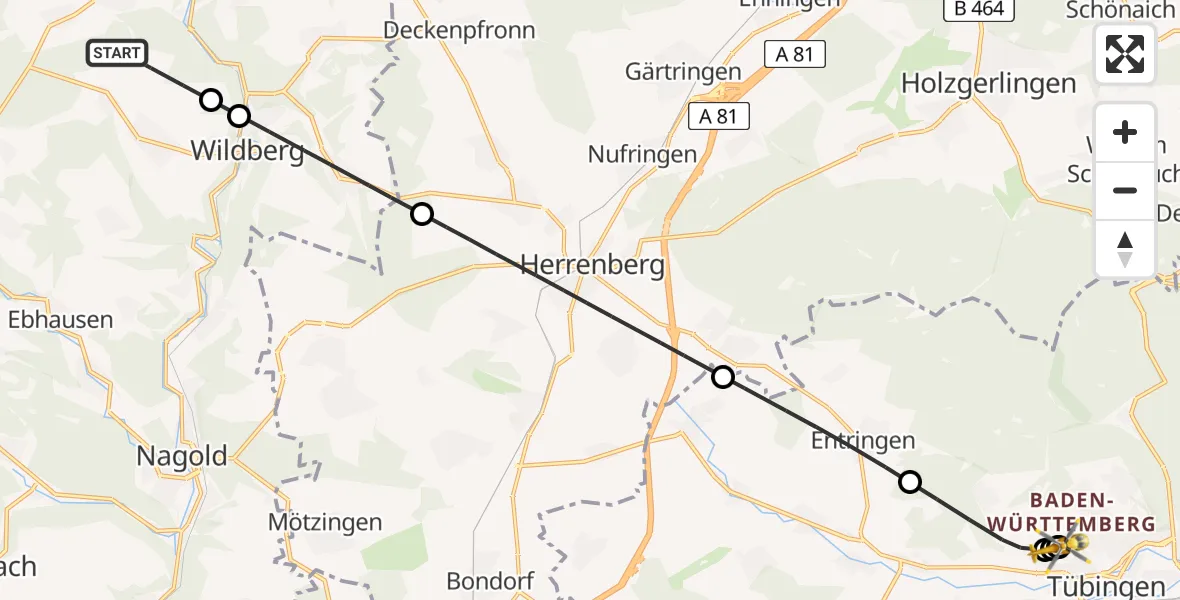 Flugroute Rettungshubschrauber Wildberg - Tübingen University Hospital, 18 Juni 2026, 09:26