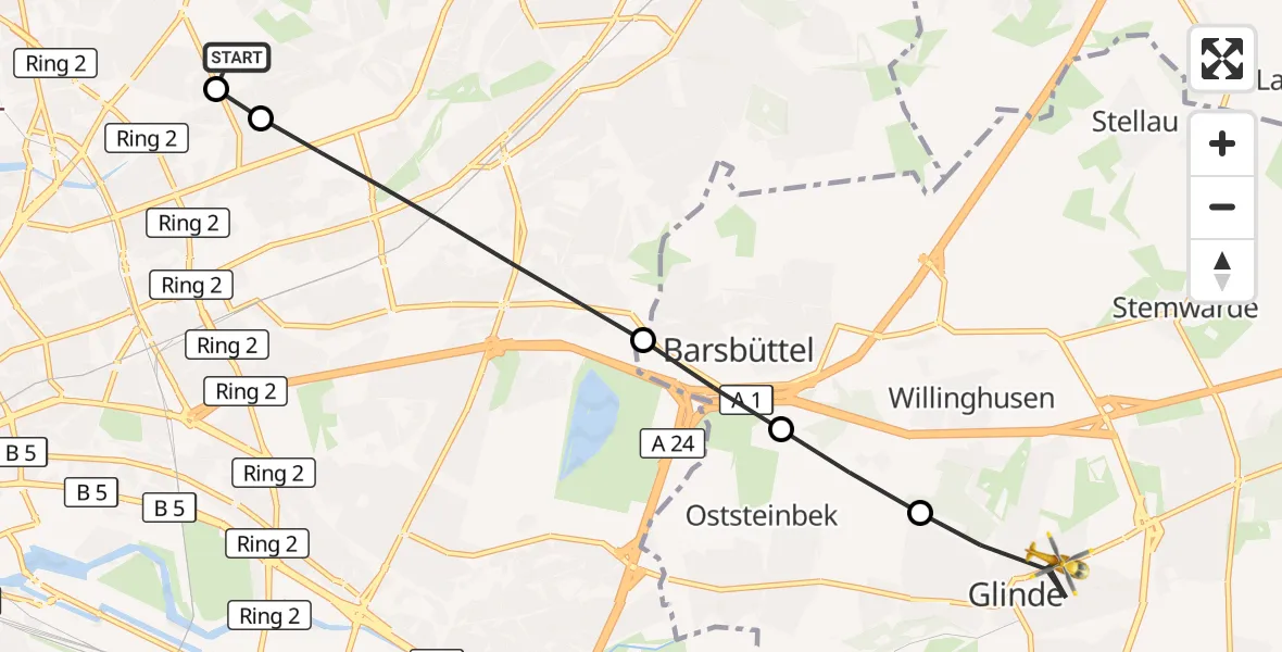 Flugroute Rettungshubschrauber Hamburg Military Hospital - Glinde, 18 Juni 2026, 09:28