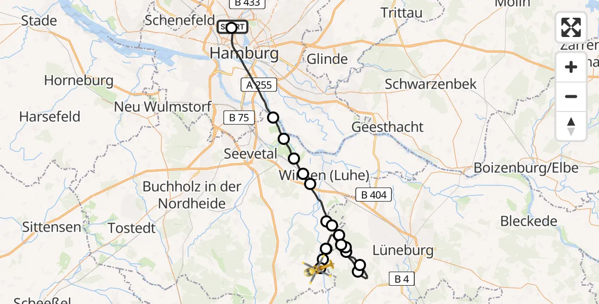Flugroute Rettungshubschrauber Universitätsklinikum Hamburg-Eppendorf Hubschrauberlandeplatz - Salzhausen, 18 Juni 2026, 09:29