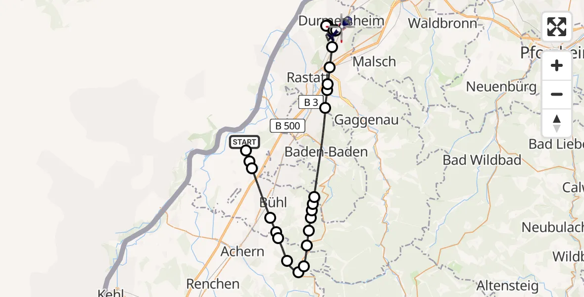 Flugroute Polizeihubschrauber Karlsruhe Baden-Baden Flughafen - Durmersheim, 18 Juni 2026, 09:33