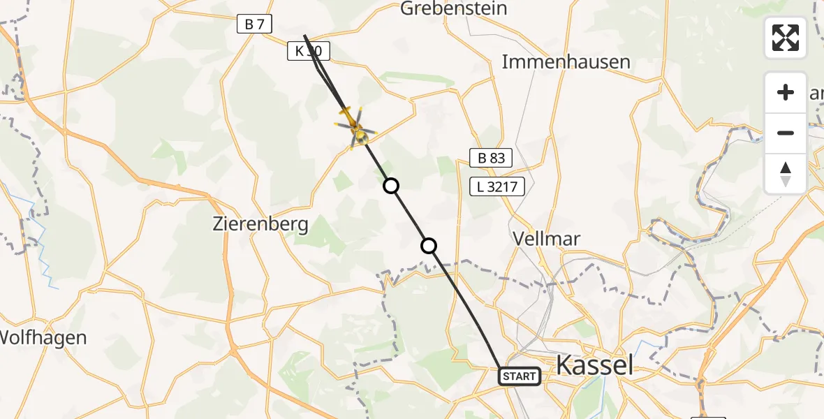 Flugroute Rettungshubschrauber Kassel - Calden, 18 Juni 2026, 09:36