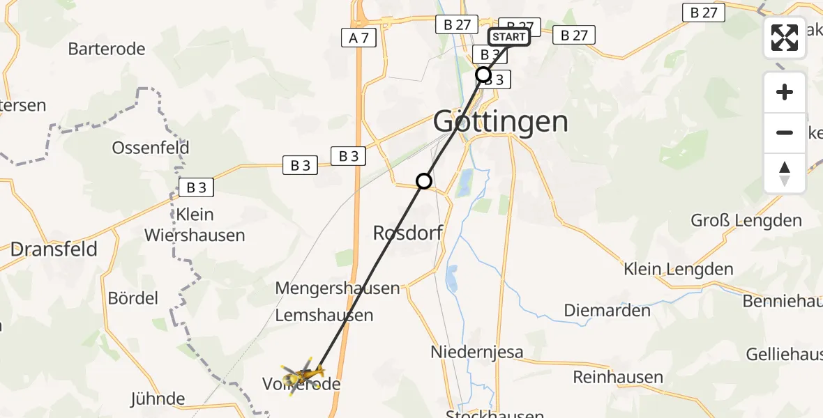 Flugroute Rettungshubschrauber Göttingen University Clinic Hubschrauberlandeplatz - Rosdorf, 18 Juni 2026, 09:38