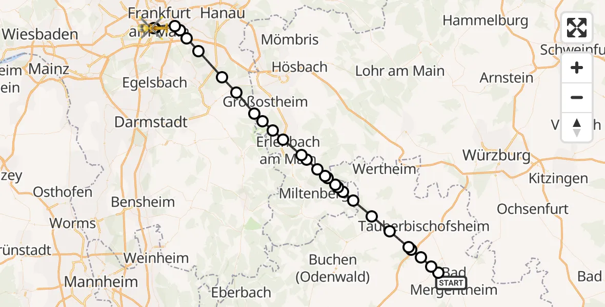Flugroute Rettungshubschrauber Bad Mergentheim - Frankfurt University Hospital, 18 Juni 2026, 09:45