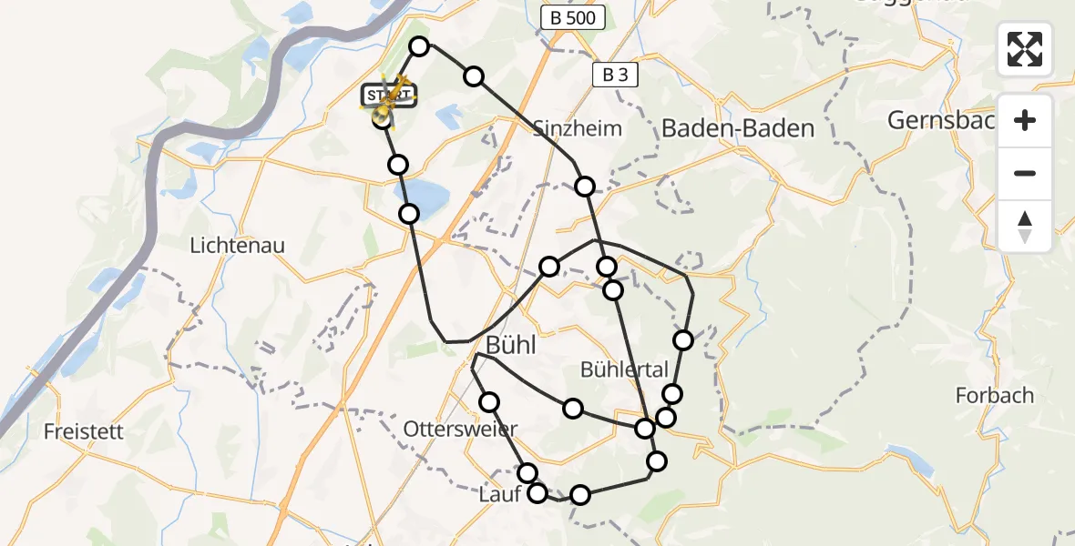 Flugroute Rettungshubschrauber Karlsruhe Baden-Baden Flughafen - Karlsruhe Baden-Baden Flughafen, 18 Juni 2026, 09:46