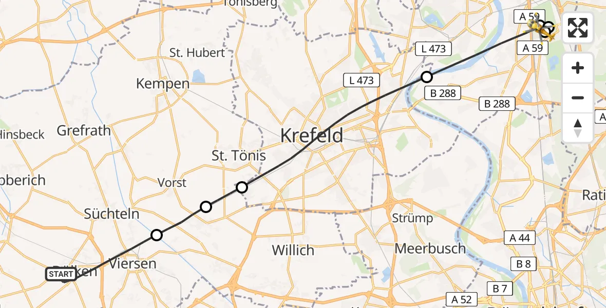Flugroute Rettungshubschrauber Viersen - Sana Clinic Duisburg Hubschrauberlandeplatz, 18 Juni 2026, 09:48