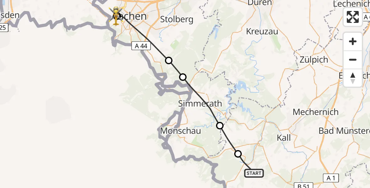 Flugroute Rettungshubschrauber Hellenthal - Aachen Hospital, 18 Juni 2026, 09:50