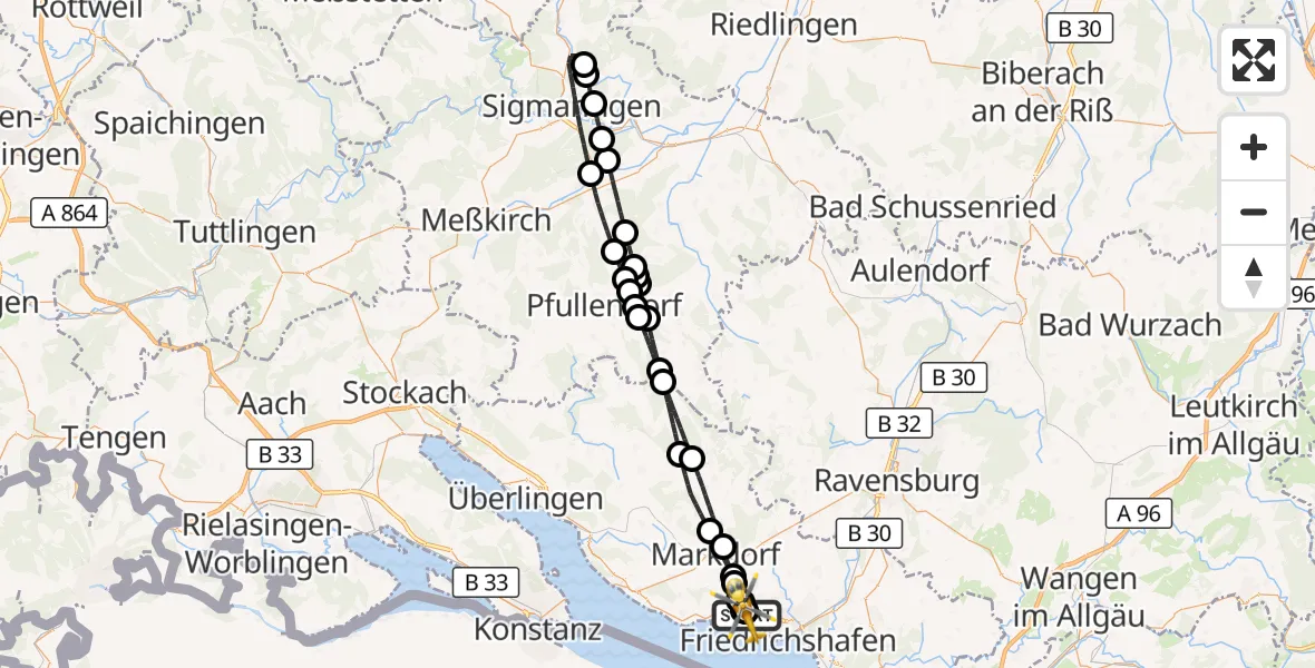 Flugroute Rettungshubschrauber Friedrichshafen Hospital - Friedrichshafen Hospital, 18 Juni 2026, 09:51