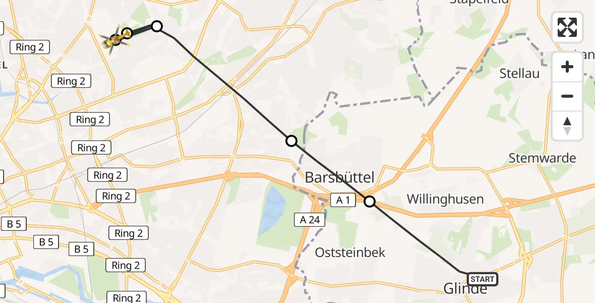 Flugroute Rettungshubschrauber Glinde - Hamburg Military Hospital, 18 Juni 2026, 09:58