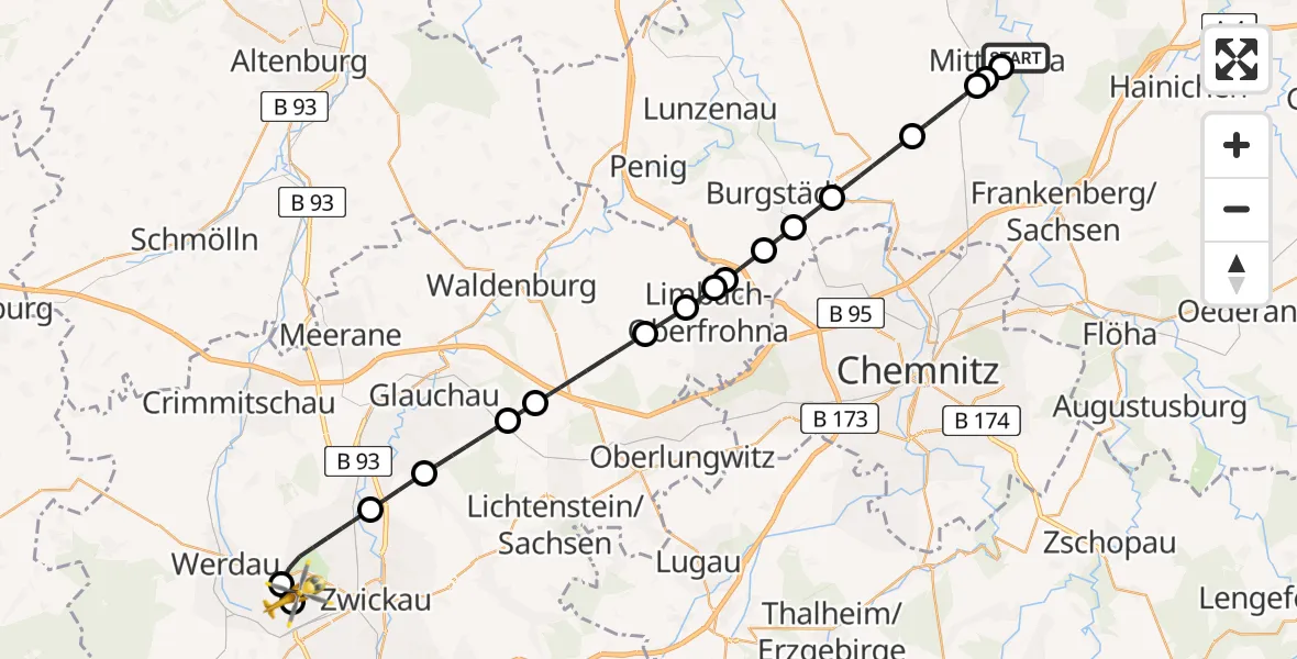 Flugroute Rettungshubschrauber Mittweida - ADAC Air Rescue Station Zwickau Hubschrauberlandeplatz, 18 Juni 2026, 09:59