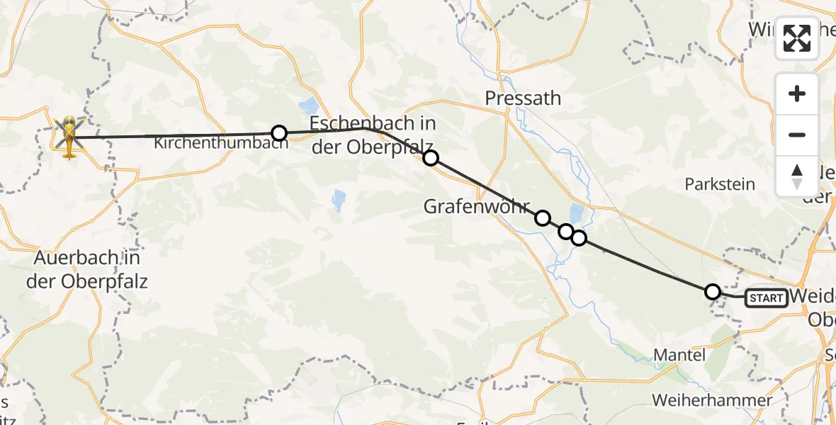 Flugroute Rettungshubschrauber Weiden i.d.OPf. - Auerbach i.d.OPf., 18 Juni 2026, 10:08