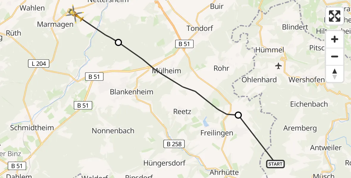 Flugroute Ambulanzhubschrauber Dorsel - Nettersheim, 18 Juni 2026, 10:09