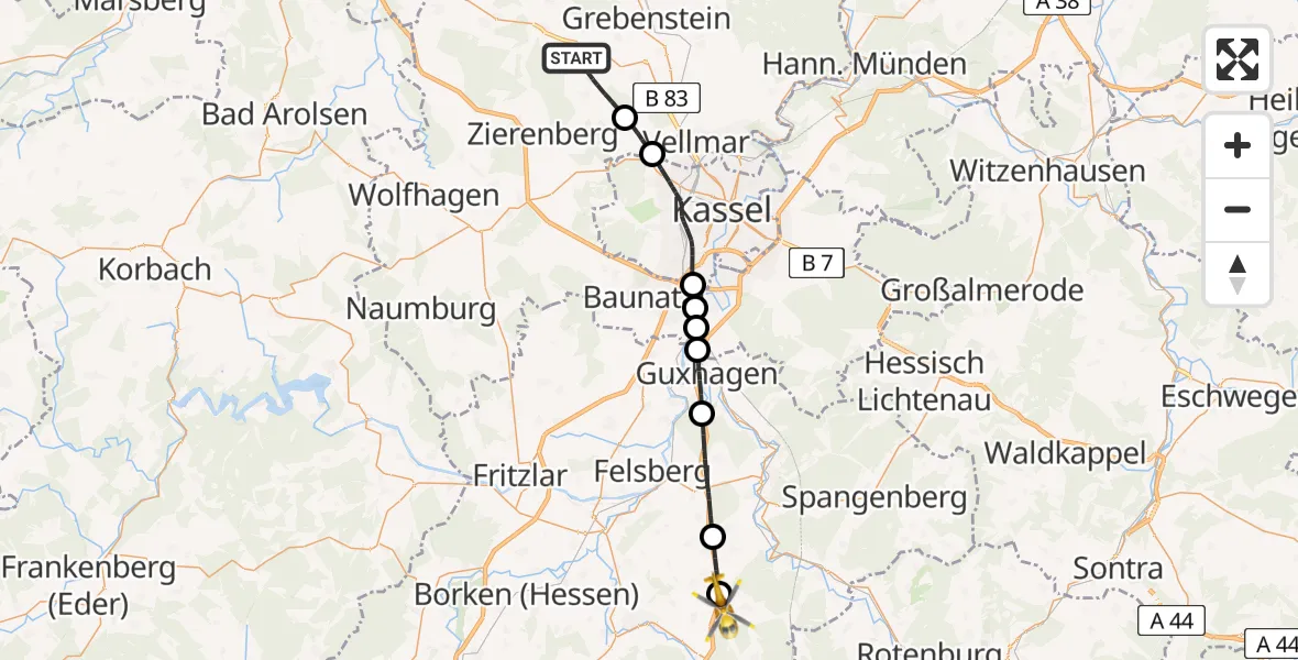 Flugroute Rettungshubschrauber Calden - Knüllwald, 18 Juni 2026, 10:11