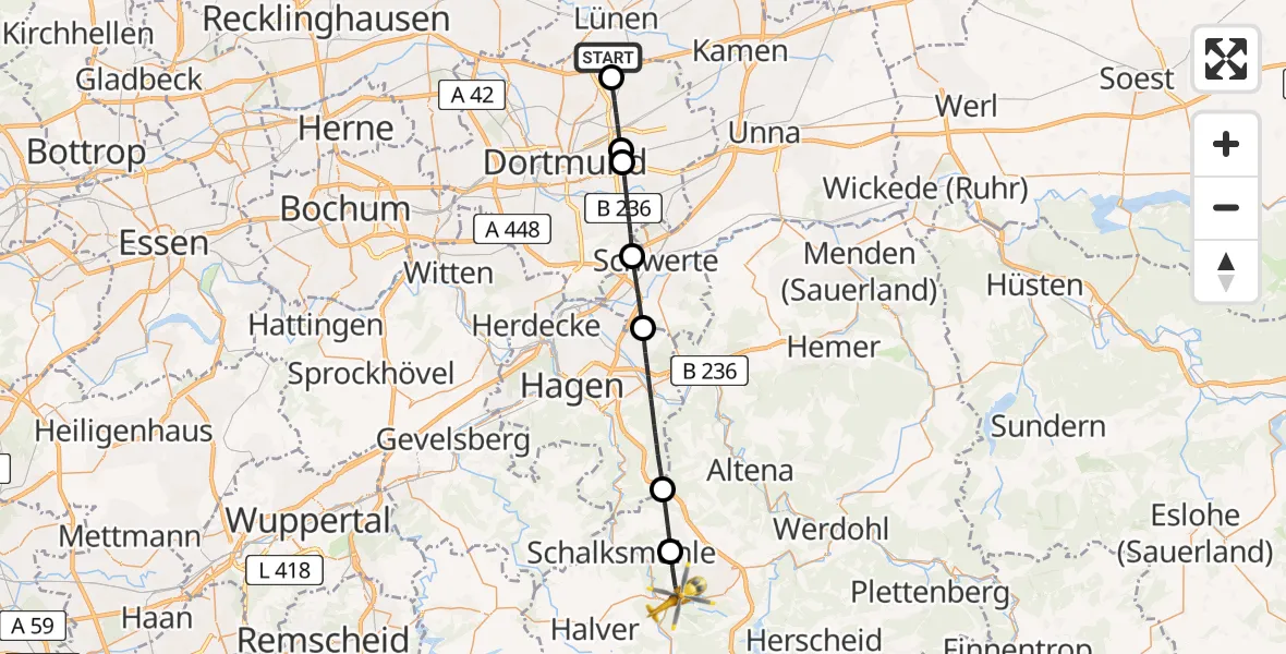 Flugroute Rettungshubschrauber Lünen - Lüdenscheid, 18 Juni 2026, 10:15