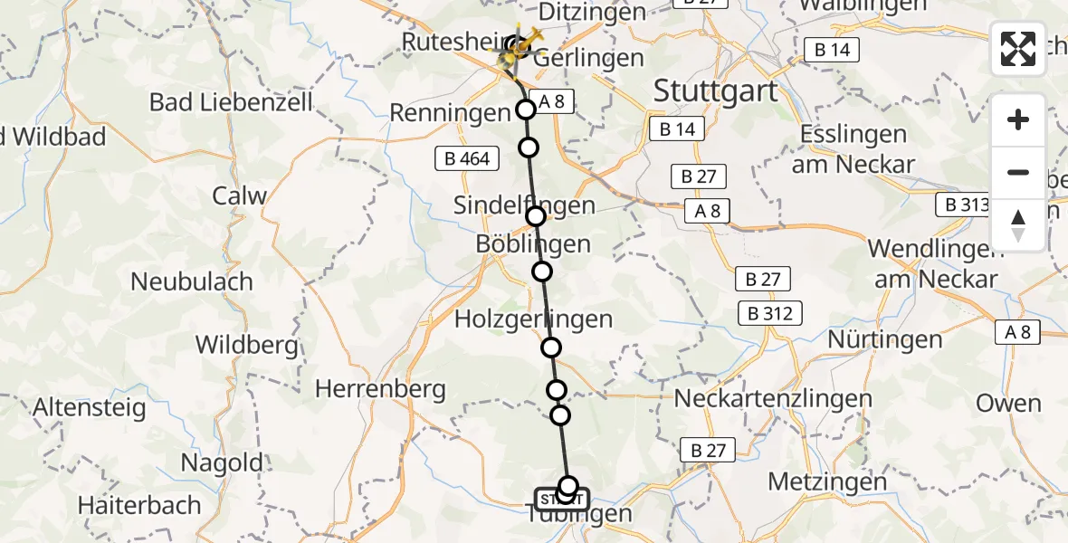 Flugroute Rettungshubschrauber Tübingen University Hospital - Leonberg Hospital, 18 Juni 2026, 10:17