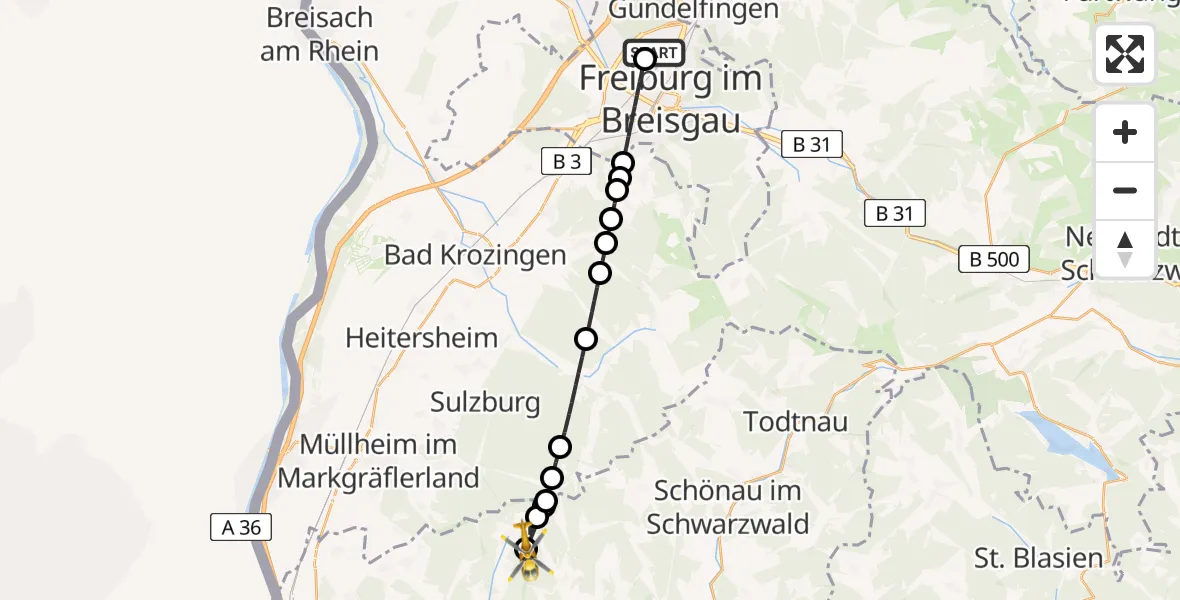 Flugroute Ambulanzhubschrauber Freiburg im Breisgau Flugplatz - Malsburg-Marzell, 18 Juni 2026, 10:26