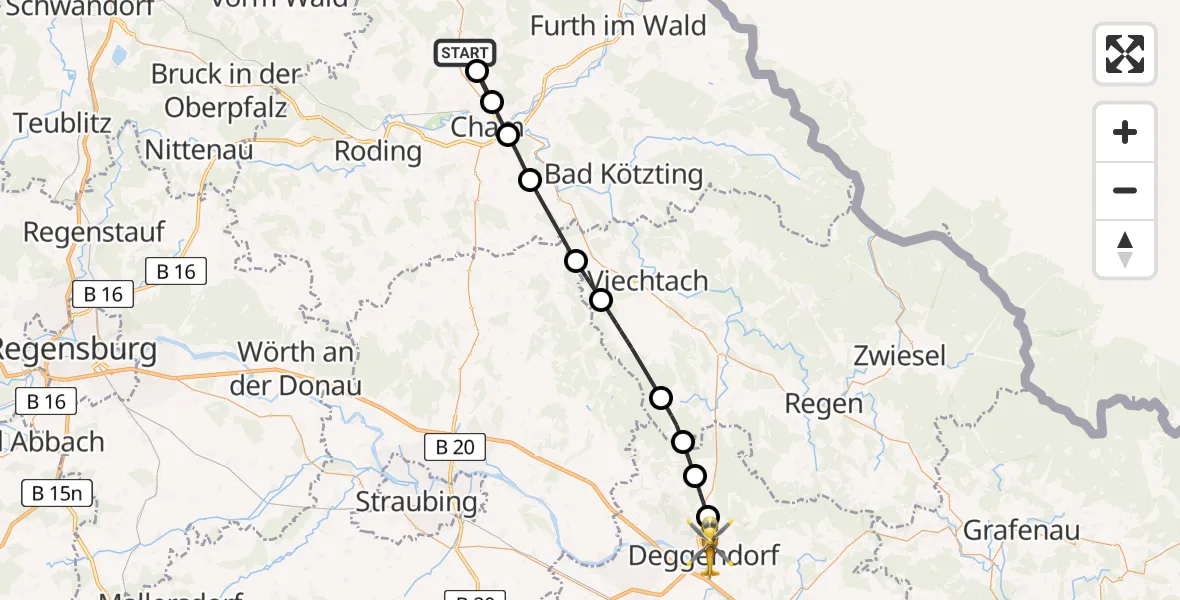 Flugroute Rettungshubschrauber Waffenbrunn - Deggendorf, 18 Juni 2026, 10:28