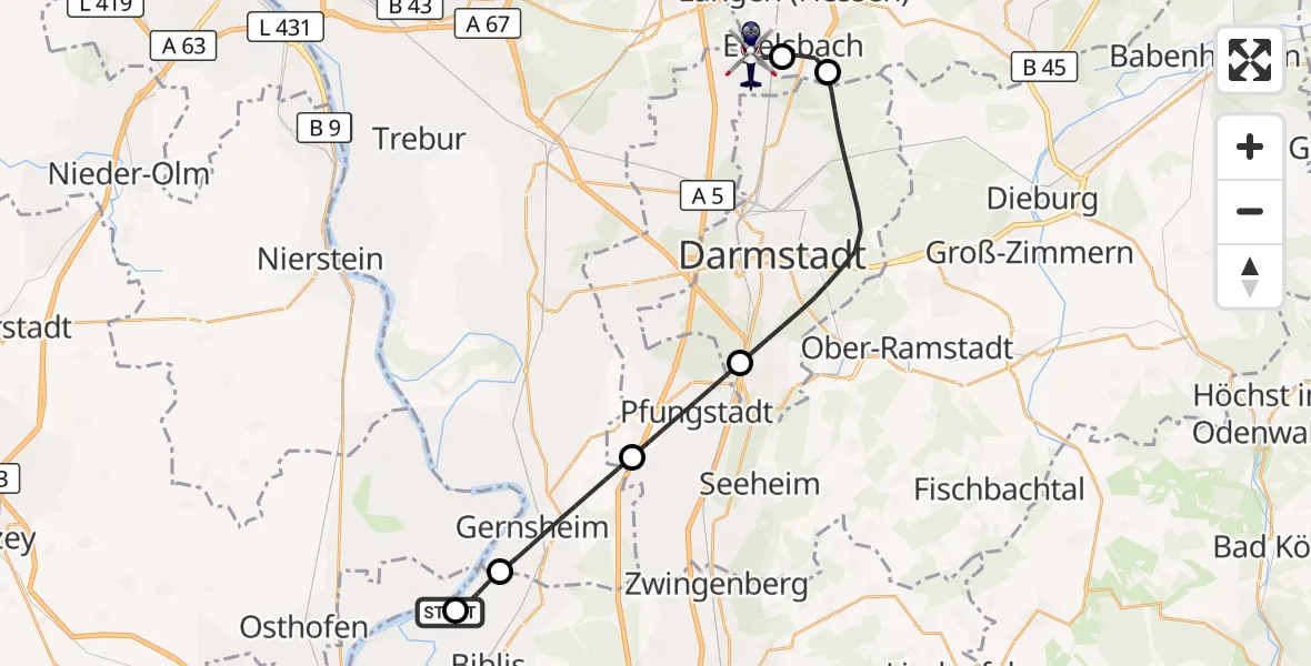 Flugroute Polizeihubschrauber Biblis - Flughafen Frankfurt-Egelsbach, 18 Juni 2026, 10:28
