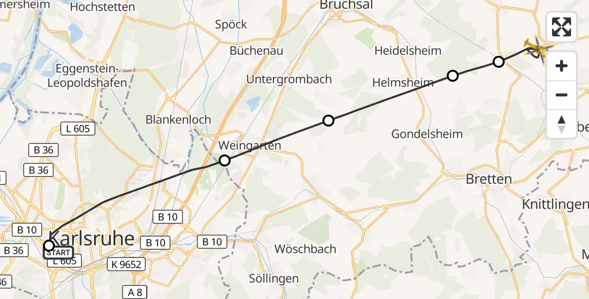 Flugroute Rettungshubschrauber Sankt Vincentius Hospital - Kraichtal, 18 Juni 2026, 10:28