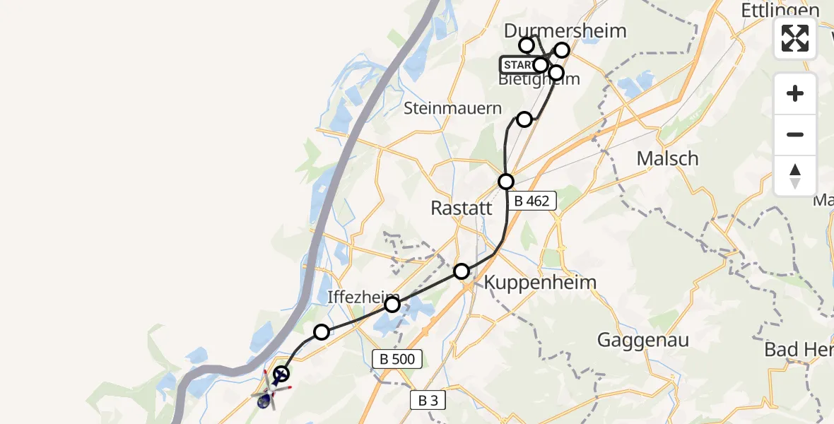 Flugroute Polizeihubschrauber Bietigheim - Karlsruhe Baden-Baden Flughafen, 18 Juni 2026, 10:30