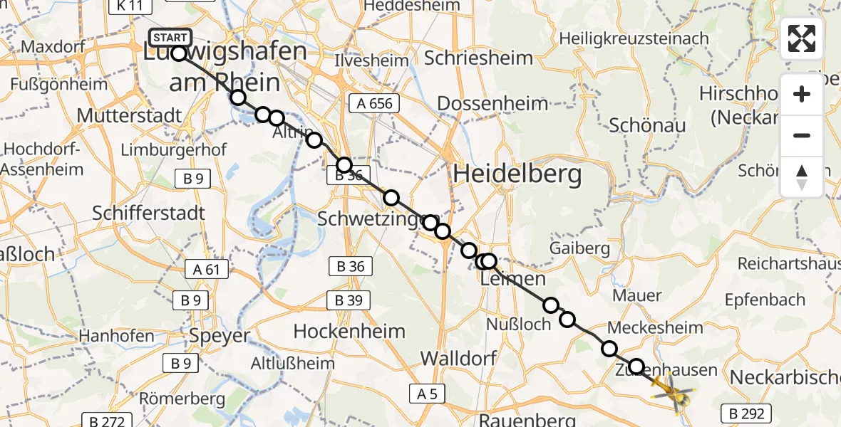 Flugroute Rettungshubschrauber Ludwigshafen Accident Hospital - Sinsheim, 18 Juni 2026, 10:33
