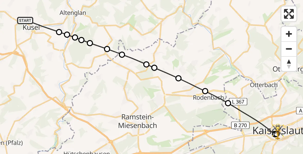 Flugroute Rettungshubschrauber Kusel - Westpfalz Hospital Kaiserslautern, 18 Juni 2026, 10:35