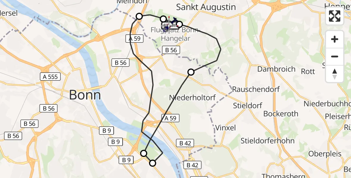 Flugroute Polizeihubschrauber Bonn-Hangelar Flugplatz - Bonn-Hangelar Flugplatz, 18 Juni 2026, 10:35