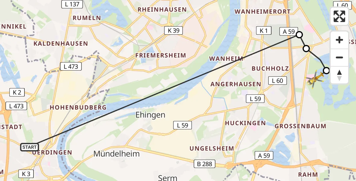 Flugroute Rettungshubschrauber Krefeld - Duisburg Air Rescue Hubschrauberlandeplatz (Christoph 9), 18 Juni 2026, 10:37