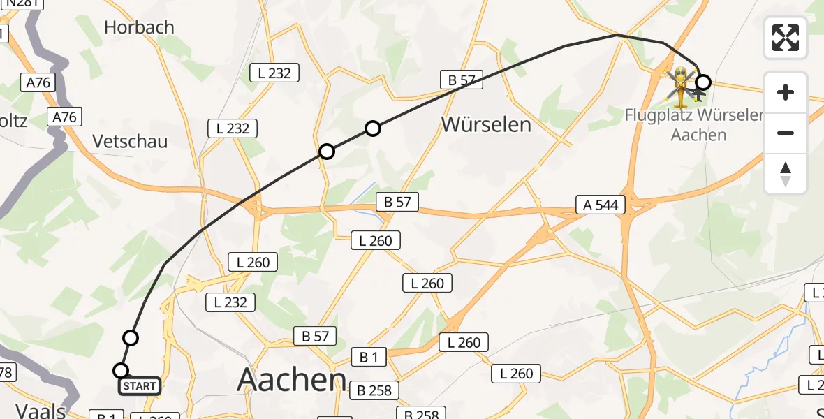 Flugroute Rettungshubschrauber Aachen Hospital - Aachen-Merzbrück Flughafen, 18 Juni 2026, 10:41