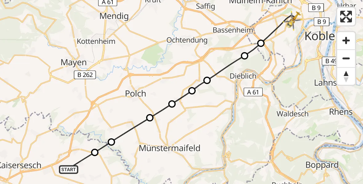 Flugroute Rettungshubschrauber Brachtendorf - Koblenz, 18 Juni 2026, 10:44